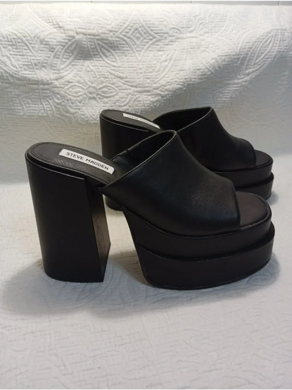 Steve Madden Womens Black Chunky Platform Open-Toe Leather Mules Size 9.5M